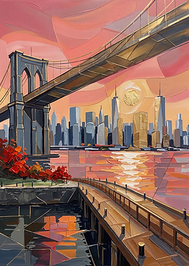 Brooklyn Bridge and Manhattan Skyline Sunset Painting