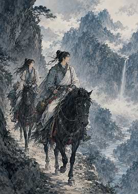 Wuxia Warriors Riding Through Misty Mountains
