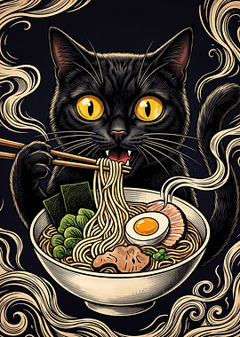 Black Cat Eating Ramen Illustration