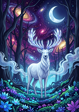 White Stag with Crystal Antlers in Cosmic Forest