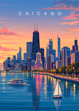 Chicago Skyline Sunset, Travel Poster