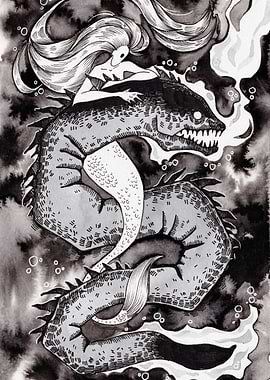 Mermaid Hugs a Giant Sea Serpent