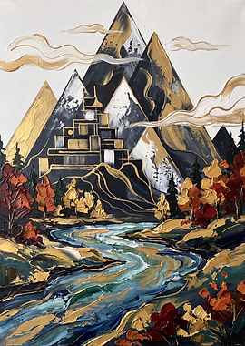 Abstract Golden Mountain and River Landscape