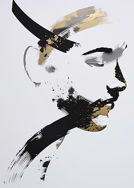Abstract Portrait with Black and Gold Brushstrokes