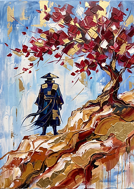 Samurai Under a Red Blossom Tree