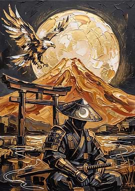 Golden Samurai Under the Full Moon