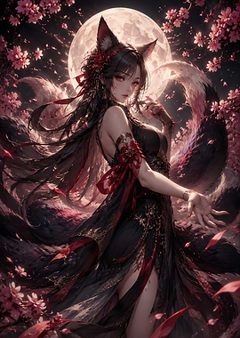 Kitsune Girl Under Full Moon and Sakura