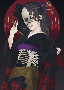 Gothic Anime Girl with Skull Face and Kimono