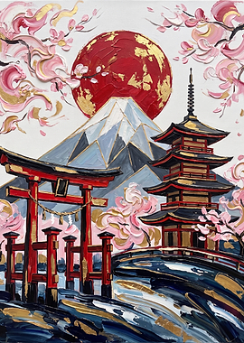 Textured Japanese Landscape with Mount Fuji