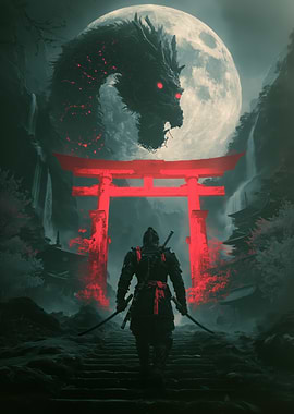 Samurai Facing Dragon Under Torii Gate