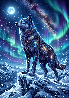 Celestial Wolf Under Northern Lights