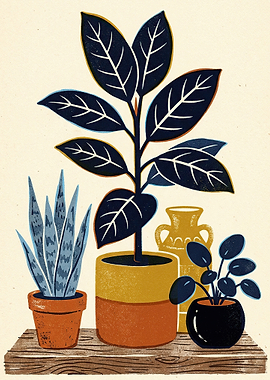 Stylized Potted Plants on Wooden Shelf