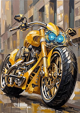 Stylized Yellow Motorcycle with Glowing Blue Eyes