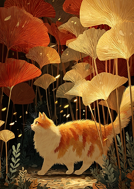 Orange Cat in Ginkgo Forest