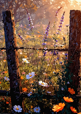 Wildflowers by a Rustic Wooden Fence