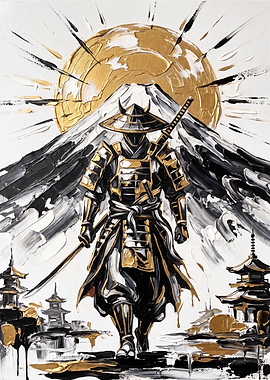 Golden Samurai Warrior with Mount Fuji