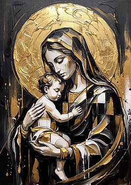 Modern Madonna and Child Gold Painting