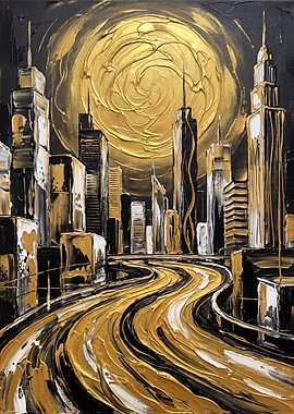Golden Abstract Cityscape with Winding Road