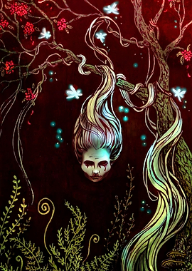 Eerie Forest Spirit with Glowing Fairies