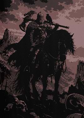 Dark Warrior on Horseback with Raven