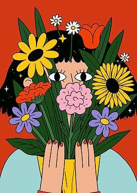Girl Holding Bouquet of Colorful Flowers