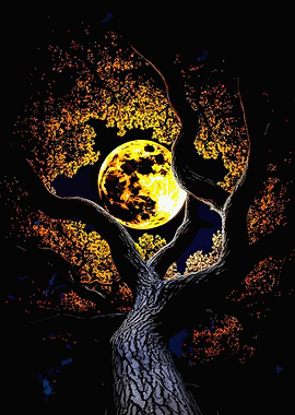Golden Moon Behind Silhouetted Tree
