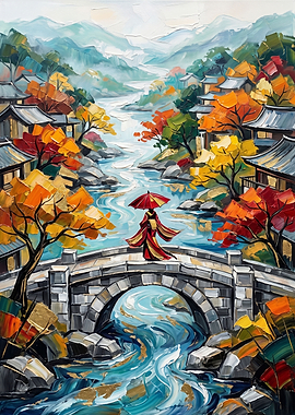 Woman in Kimono on Stone Bridge