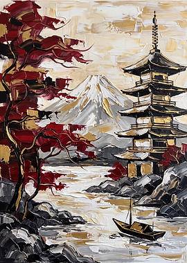 Textured Japanese Landscape with Pagoda