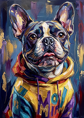 French Bulldog in Colorful Hoodie Painting