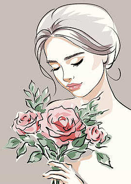 Woman Holding Pink Roses Illustration