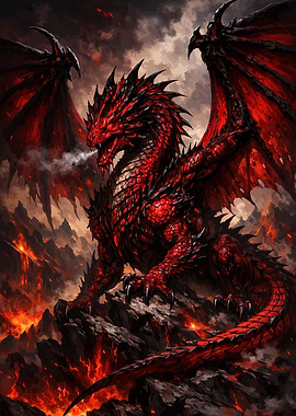 Fierce Red Dragon in Volcanic Landscape
