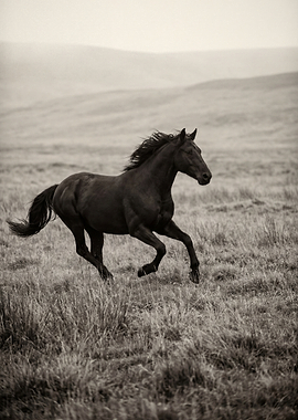 Black Horse Running in Field