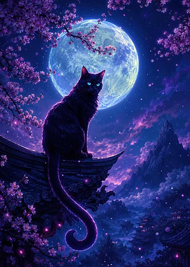 Black Cat Under Moonlight and Sakura
