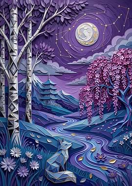 Geometric Fox in Purple Japanese Landscape