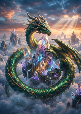 Majestic Green Dragon Guarding Crystal Island