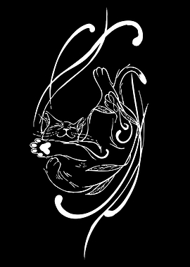 Minimalist White Line Art Sleeping Cat
