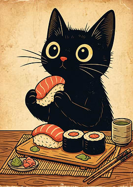 Cute Black Cat Eating Sushi