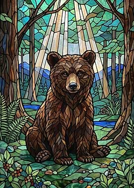 Stained Glass Bear in Forest