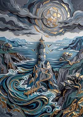 Stylized Lighthouse Coastal Landscape Art