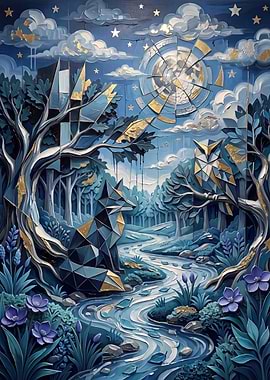 Geometric Forest Scene with Moon