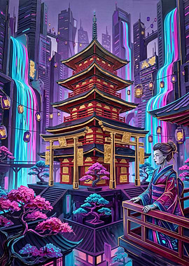 Cyberpunk Japanese Pagoda Cityscape