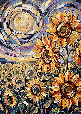 Vibrant Sunflowers Under Swirling Golden Sky