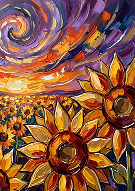 Impressionist Sunflower Field at Sunset