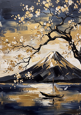 Gold and Black Mount Fuji Painting