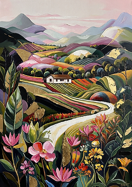 Vibrant Painted Landscape with Floral Foreground