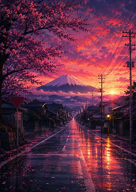 Mount Fuji Sunset Cherry Blossom Street