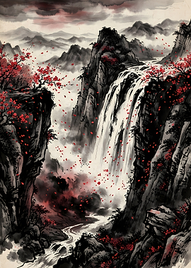 Ink Wash Waterfall with Red Blossoms