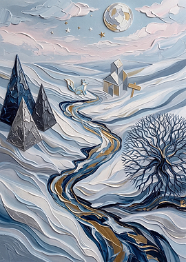 Whimsical Winter Landscape with Fox
