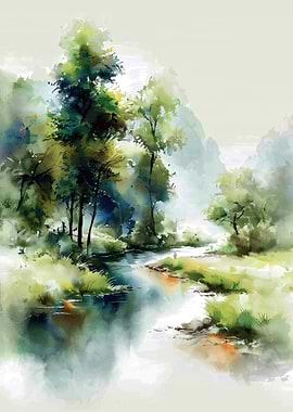 Watercolor Landscape with River and Trees