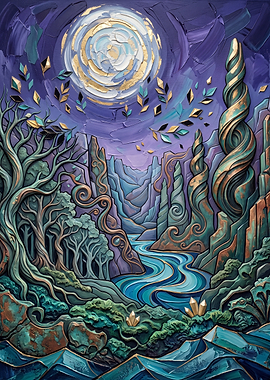 Whimsical Enchanted Forest Under Moonlight